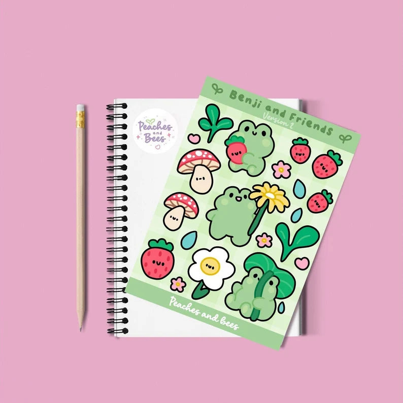 Peaches & Bees Benji & Friends Frog Strawberry Mushroom Sticker Sheet