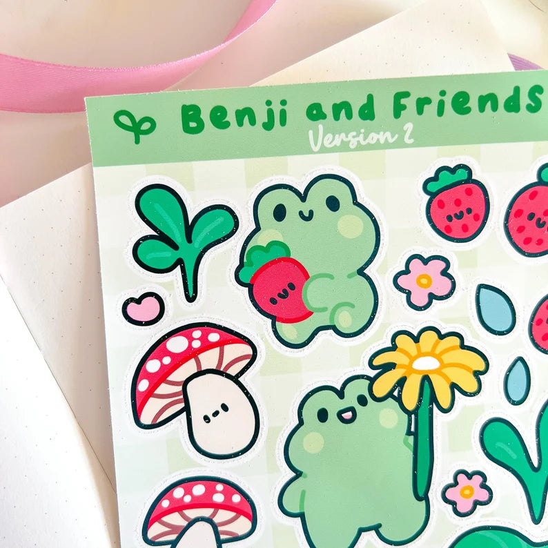 Peaches & Bees Benji & Friends Frog Strawberry Mushroom Sticker Sheet