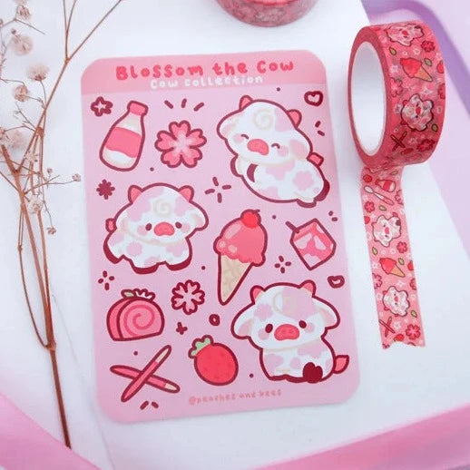 Peaches & Bees Sakura Cherry Blossom Pink Cow Sticker Sheet