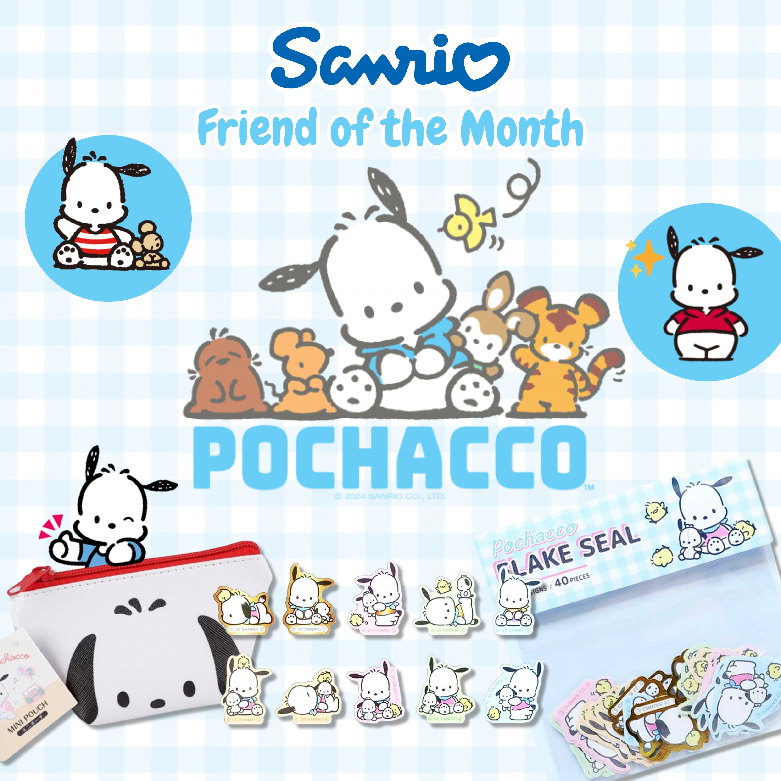 Blog Post about Sanrio Friend of the Month Pochacco! Picture of Pochacco Mini Face Pouch & Pochacco Die Cut Stickers