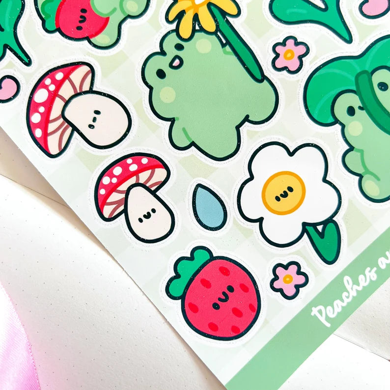 Peaches & Bees Benji & Friends Frog Strawberry Mushroom Sticker Sheet