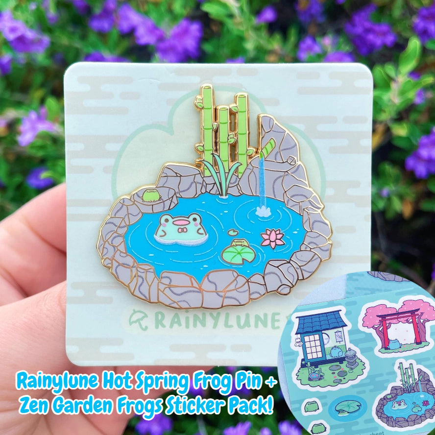 Rainylune Hot Spring Friend the Frog Pin + Zen Garden Frogs Sticker Pack