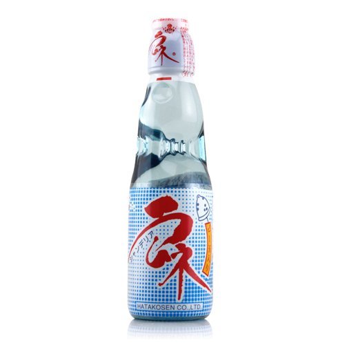 Hatakousen Ramune Soda in the classic codd-neck glass bottle. A delicious and refreshing Japanese drink! Available at Sweetie Kawaii!