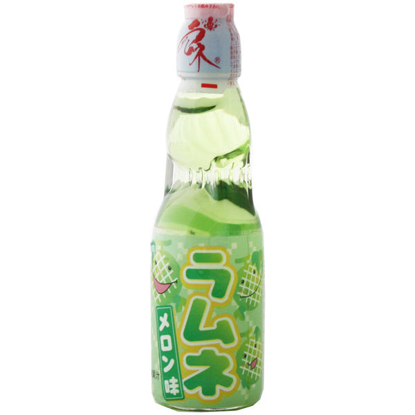 Hatakousen Melon Ramune Soda in the classic codd-neck glass bottle. A delicious and refreshing Japanese drink! Available at Sweetie Kawaii!