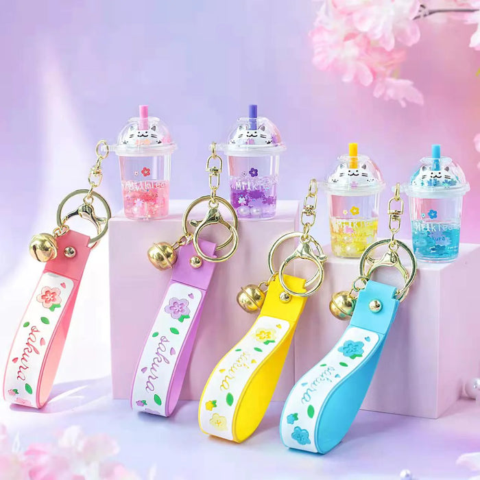 Mima Sakura Cat Bubble Tea Boba Liquid Shaker Charm Keychain