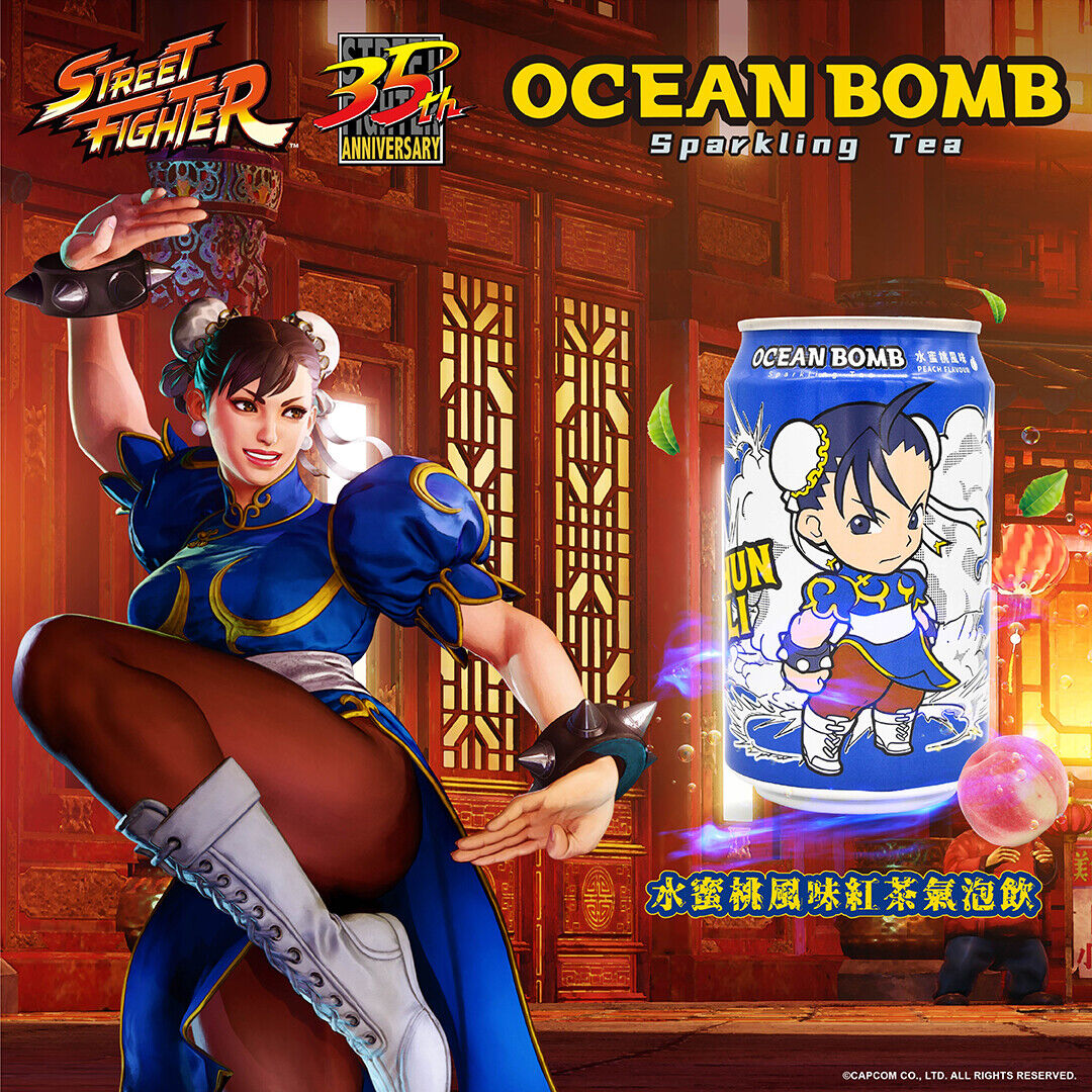 Ocean Bomb Street Fighter Chun Li Peach Flavoured Sparkling Tea Drink